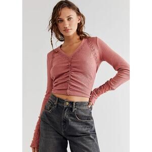 Free People Dusty Pink Romantic Lace V-neck Long Sleeve Top Rouched Women Small